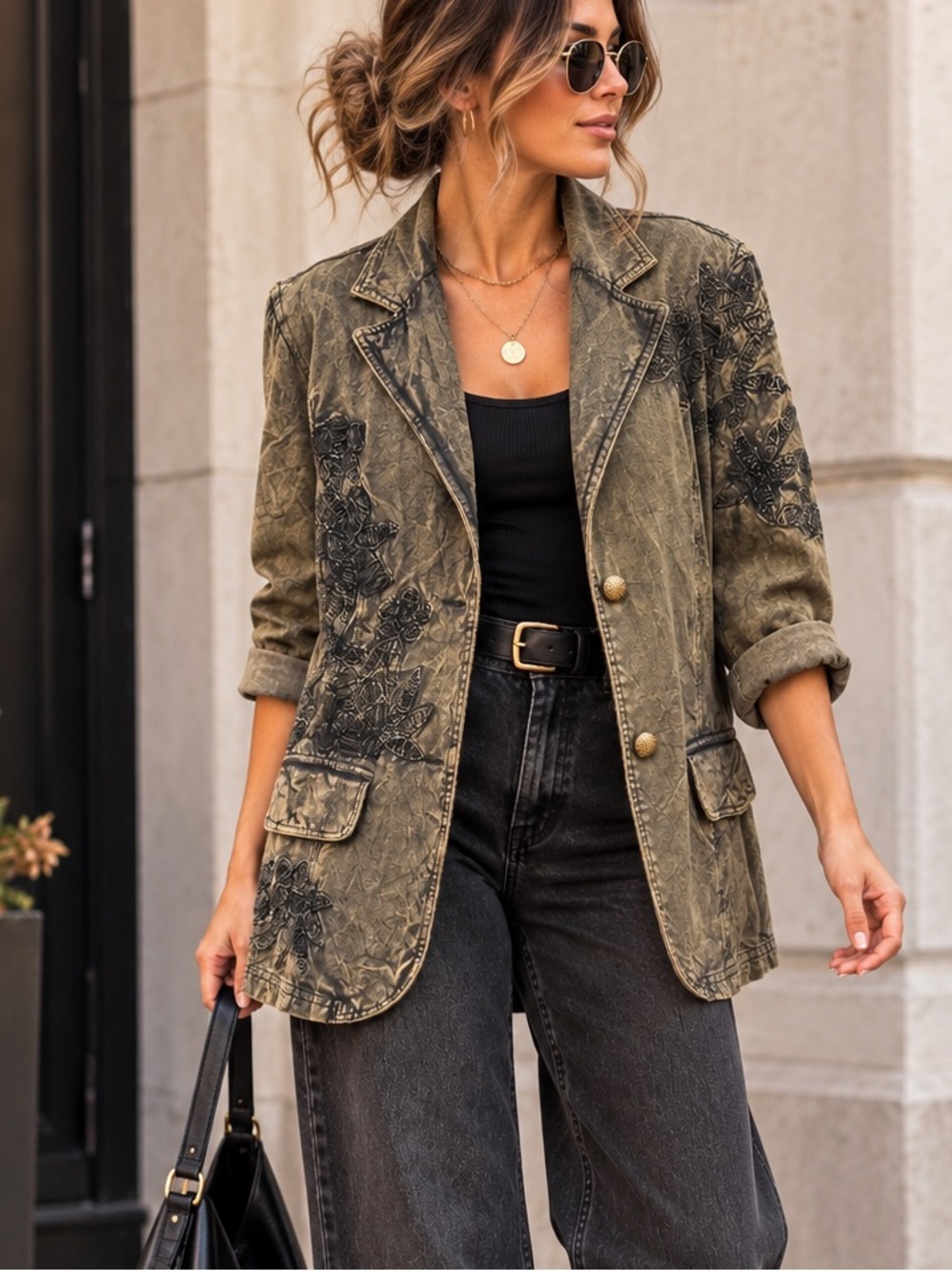 Coldwater Creek Embroidered Blazer 14 Olive Mineral Wash Boho Cotton Jacket